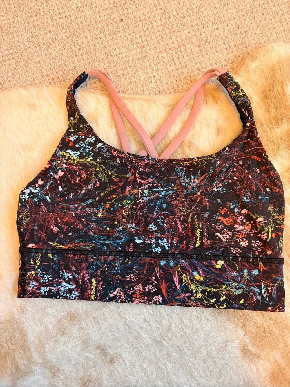 lululemon athletica Black Floral Print Sports Bra with Pink Straps